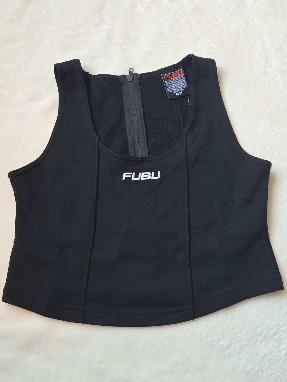 FUBU Black Cropped Knit Tank Top Seam Detail Zipper Back Y2K NWT Size Medium